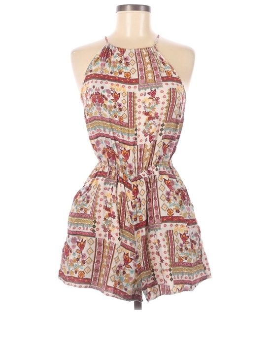 Coachella Pants - Halter Floral Patchwork Romper in Cream and Burgundy